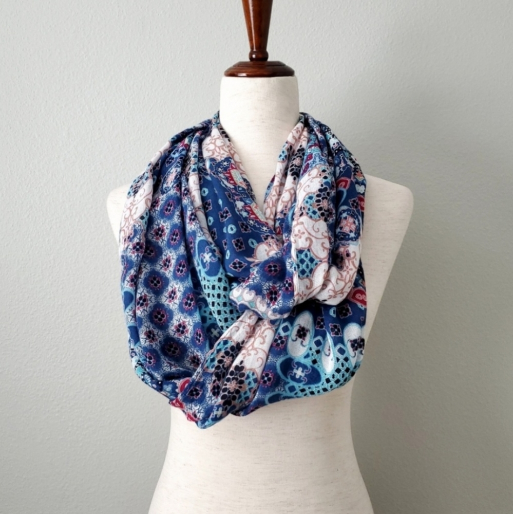 Beautiful Boho Infinity Scarf With A Tapestry Pattern In Shades Of Blue